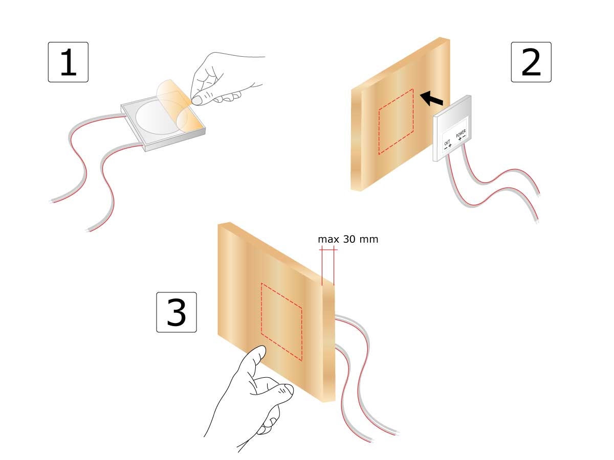 montaż włącznika LED 12V pod płytę meblową 